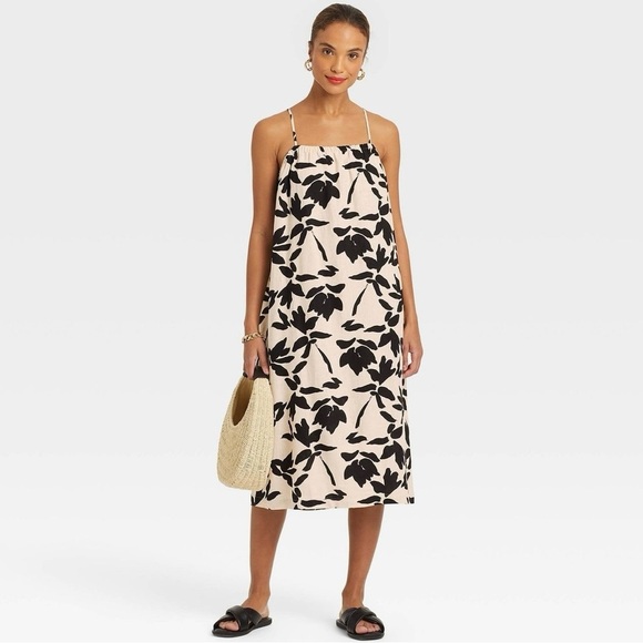 A New Day| Black & Ivory Linen Blend Midi Loose-Fit Floral Sundress Sz S - Picture 1 of 8